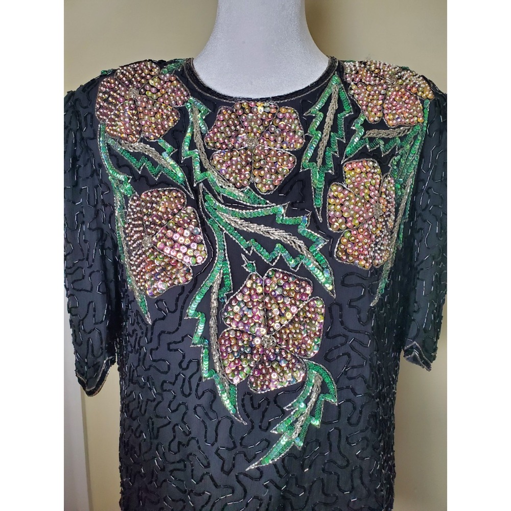 Vintage Scala Silk Beaded Sequin Floral Dark Romantic Glam Hollywood 80's Party - Picture 2 of 14